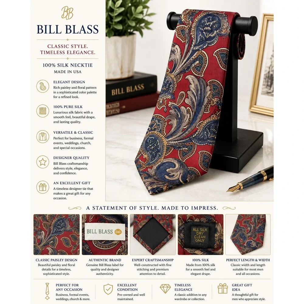 Bill Blass Men's 100% Silk Paisley Floral Necktie Red Blue Classic Designer Tie